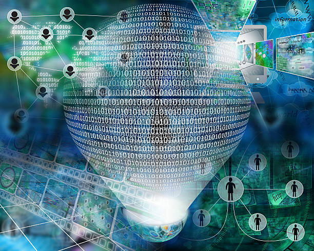Цифровой глобус, отображающий двоичный код, окружен взаимосвязанными значками и технологическими элементами.