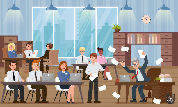 На иллюстрации изображена оживленная офисная сцена: сотрудники работают за столами, а один человек сердито разбрасывает бумаги.